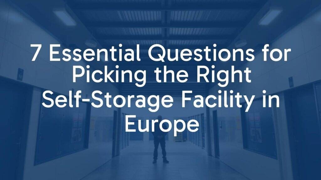 A modern, well-lit self-storage facility in Europe with various unit sizes, a secure entrance with surveillance cameras, and a person holding a checklist, realistic.