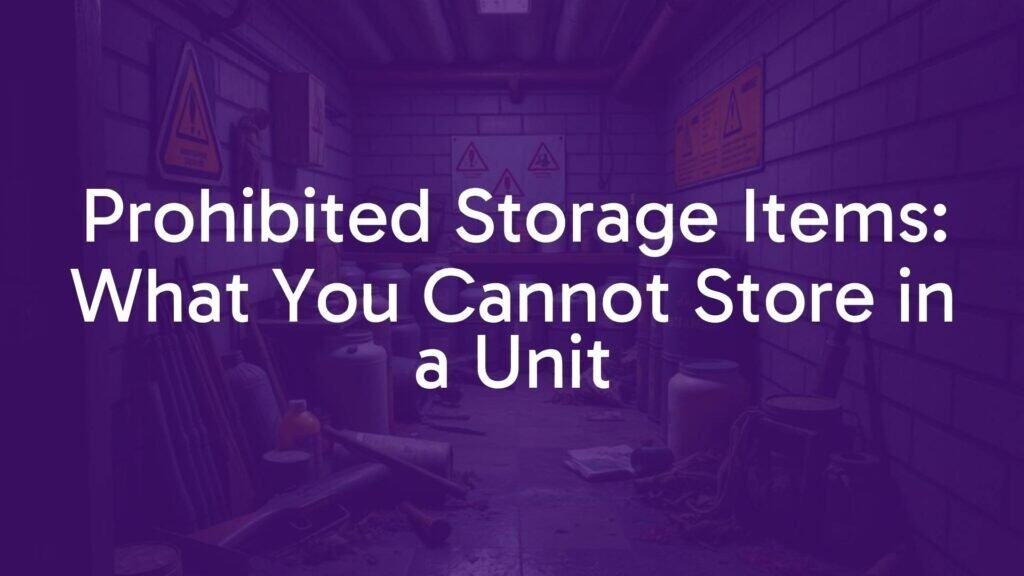 A storage unit with hazardous materials and prohibited items like weapons, chemicals, and perishable food, caution signs, realistic style.