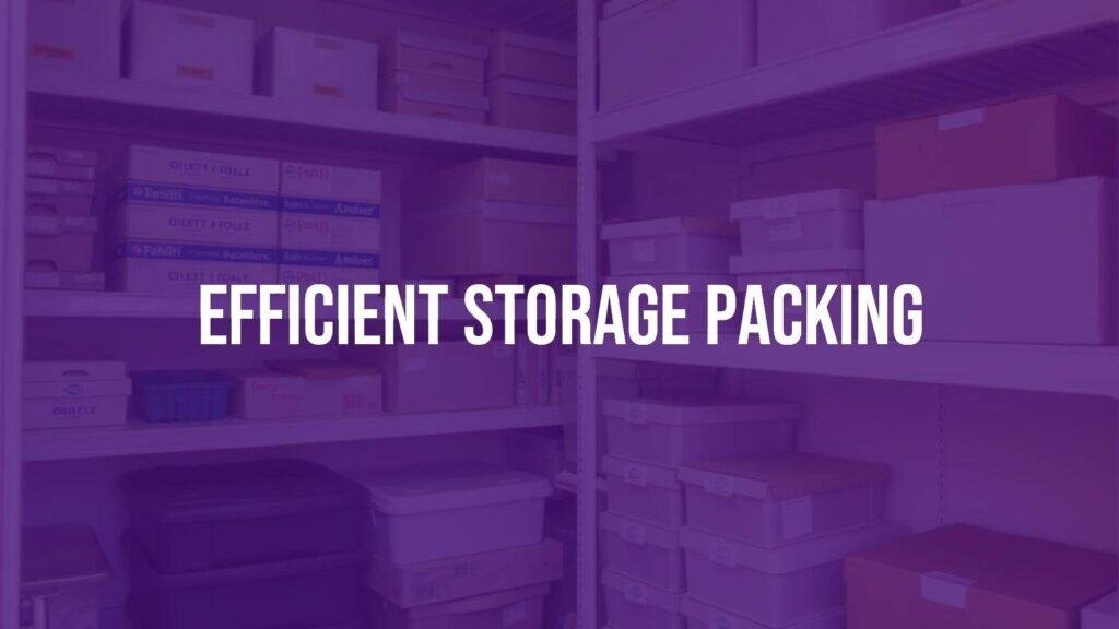 Neatly stacked labeled boxes in a storage unit, organized shelves, efficient space usage, clean and orderly, realistic.