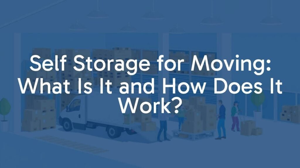 Modern self-storage facility with stacked storage units, moving truck parked outside, people loading boxes, clean and organized, bright lighting, realistic.