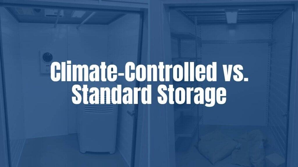 Two contrasting storage units side by side, one climate-controlled with a thermostat and dehumidifier, the other standard with basic shelving, clean and organized, neutral lighting.