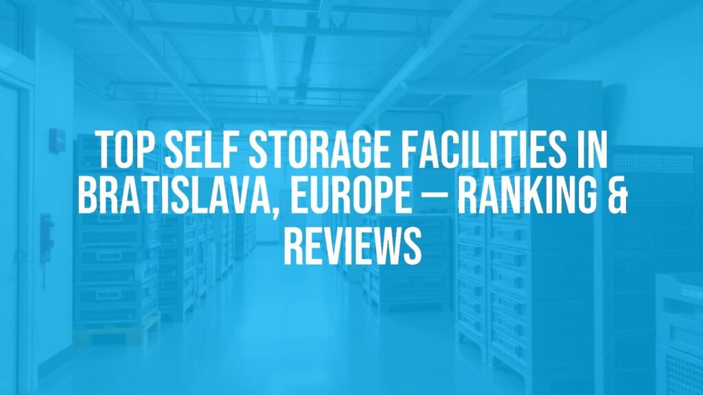 Modern self storage facility in Bratislava, clean and organized, with stacked storage units, bright lighting, and a professional atmosphere, realistic.
