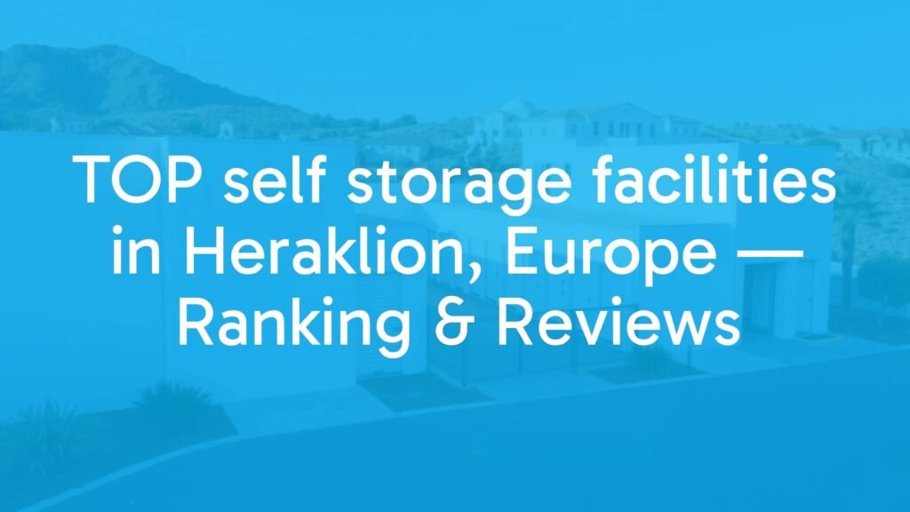Modern self storage facility in Heraklion, clean white building with storage units, Mediterranean landscape in background, professional photo